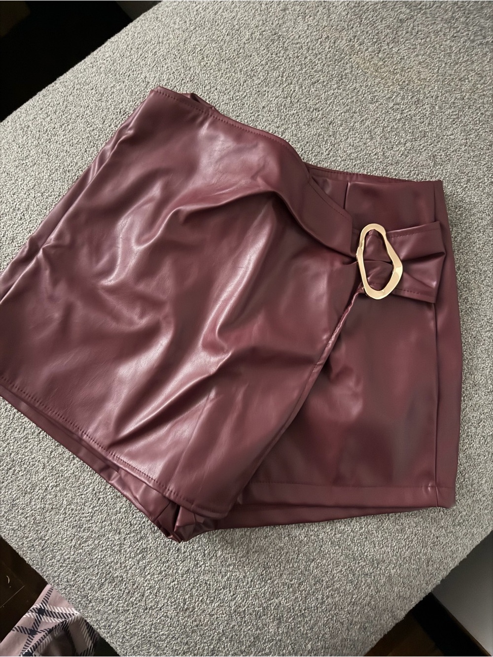 Faux Leather Wrap Shorts in Burgundy with Gold Buckle